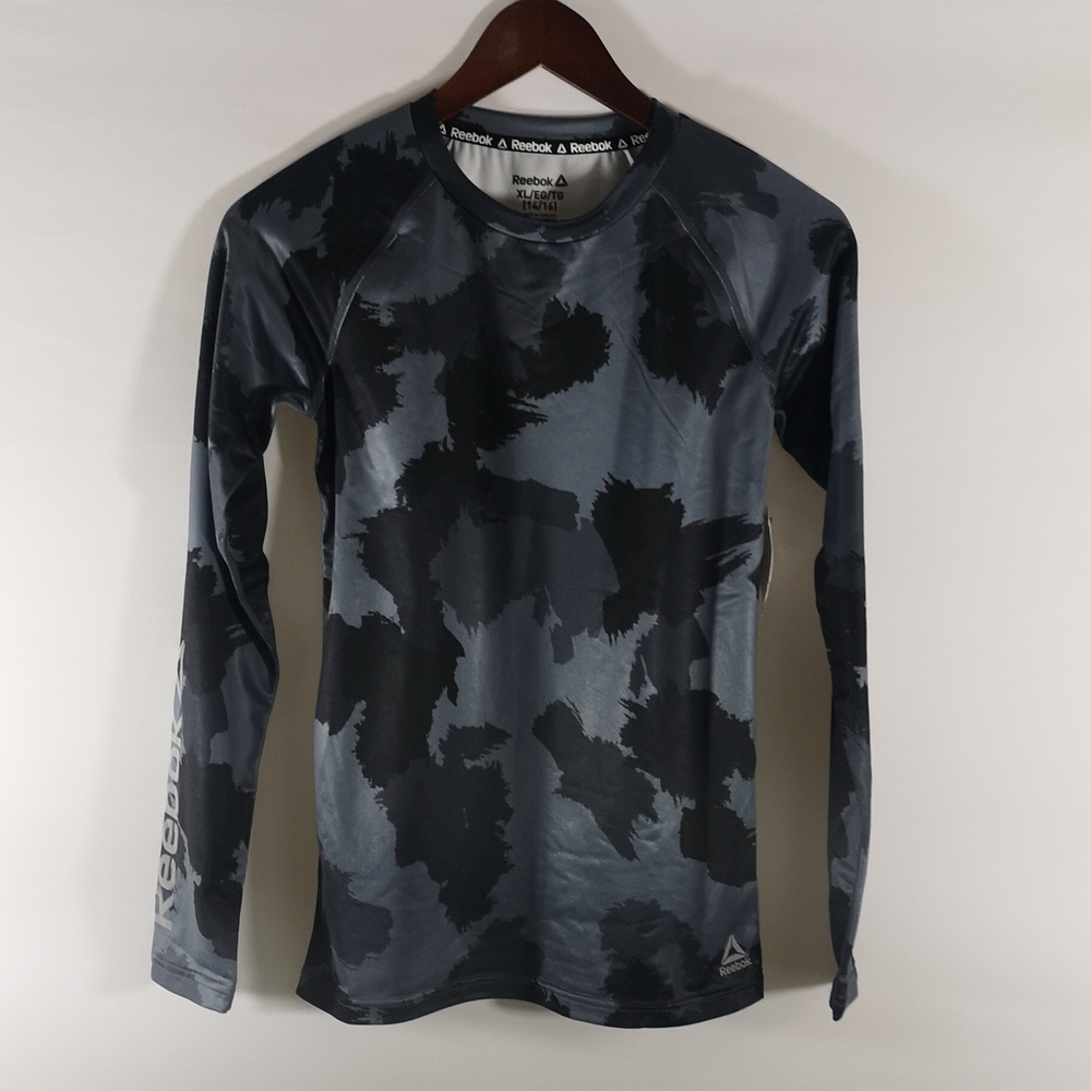 Youth Reebok Compression Long-Sleeve Shirt XL 14/16 Black & Grey Camo NEW w/ Tag